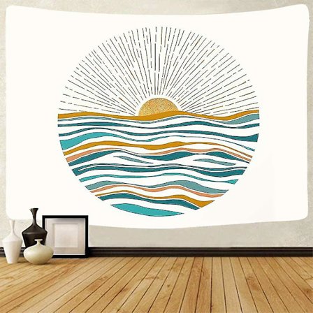 Veggbilde 200x150cm Havsoloppgang Veggteppe Bølger Mid Century Moderne Stil Veggteppe Vegghengende Kunst Hjemmeinnredning For Soverom, Stue