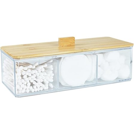 Akryl Q-tips holder dispenser med trelokk, bomullsballholder med 3 rom