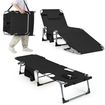 COSTWAY Foldbar Loungestol med aftagelig pude og ansigtshule, 5-positions justerbart ryglæn, 150 kg, sort