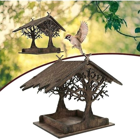 Utomhusfågelmatare i trä, vildfågelmatare, hängande fågelmatare, handmonterad fågelmatare i trä för villabalkong, trädgård, uteplats - mörk färg