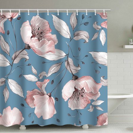 Blå blommig duschdraperi, med 12 plastkrokar