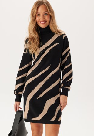 Object Collectors Item - Objray L/S Knit Rollneck Dress - Black Desert/Taupe - Kläder - - Bubbleroom