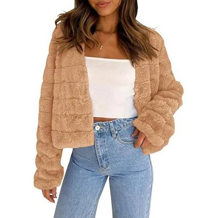 Dame Cropped Faux Fur Jakker Lange Ærmer Åben Front Fluffy Korte Frakker