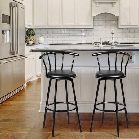 2 mustaa baarituolia, 360° kääntyvä, teräsrunko, vaahtomuovityynyt