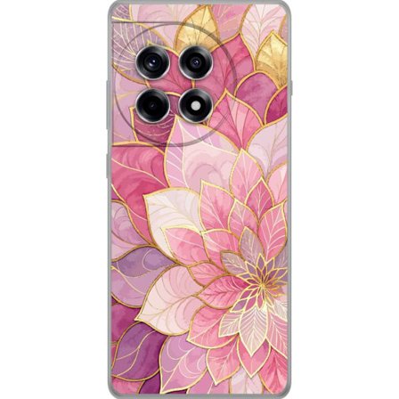 Kompatibelt Mobildeksel til OnePlus 12R Rosa og lilla blomstermønster med gyldne detaljer - Elegante mandala-inspirerte motiv
