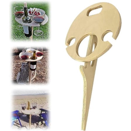 Bærbart trævinbord til udendørs brug, sammenklappeligt picnicbord med glasstativ, ideelt til strand eller have.