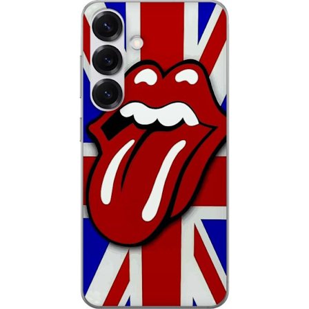 Yhteensopiva Puhelinkuori Samsung Galaxy S25 Rolling Stones Lips, jossa on brittiläinen lippu taustalla, klassinen ja värikäs motiivi musiikin ystävil