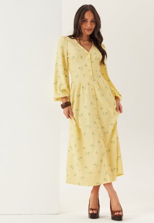 BUBBLEROOM - Midi Button Volume Sleeve Dress - Light yellow