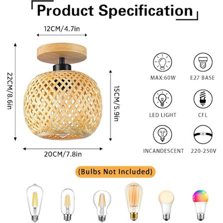 Handgjord Böhmisk Bambu Semi-Infälld Taklampa, Lampskärm i Rottingträ, Bondgårdsbelysning [Energiklass A]