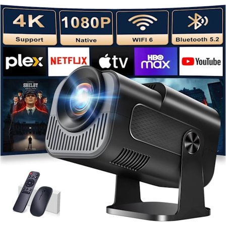 1080P FHD Projektor, med WiFi 6 Bluetooth 5.2, Portabel 4k Projektor Dubbel Kontroll med Stöd för 180° Rotation Android