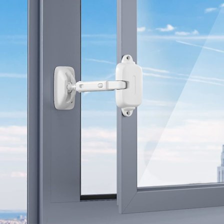 Baby Sikkerheds Vindue Begrænser - Justerbar Gab Størrelse, Nem at Installere og Bruge - Børnesikret Vindueslås til Børn & Kæledyr (2 Stk, Hvid)