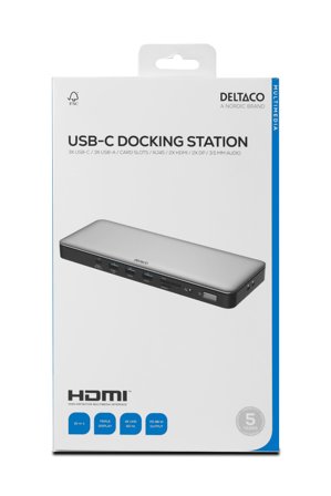 Deltaco USB-C dock, triple, 2x HDMI/DP, USB-C/USB-A/RJ45/SD/3.5mm