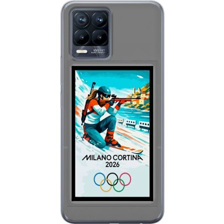 Kompatibelt Mobildeksel til Realme 8 Retroplakat Cortina Milano 2026 med fjell, vintersportsutøvere, italienske trikolor, Milano-katedralen og olympis