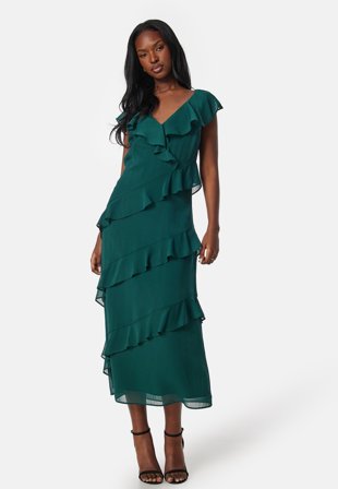Bubbleroom Occasion - Frill Chiffon Midi Dress - Dark green - Kläder