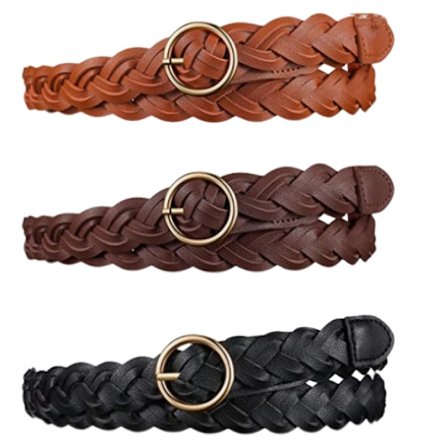3 stk. flettet skinnbelte for kvinner - smalt flettet belte med O-ringspenne i skinn til kjole, jeans, skjørt og bukse