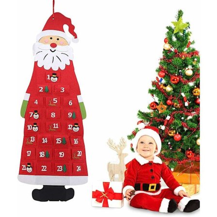Jultomte hängande adventskalender, jul filt nedräkningskalender, för dekorationer rum, julgran, dörr, öppen spis eller skyltfönster (röd)