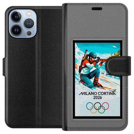 Kompatibelt Lommeboketui til Apple iPhone 13 Pro Max Retroplakat Cortina Milano 2026 med fjell, vintersportsutøvere, italienske trikolor, Milano-kated