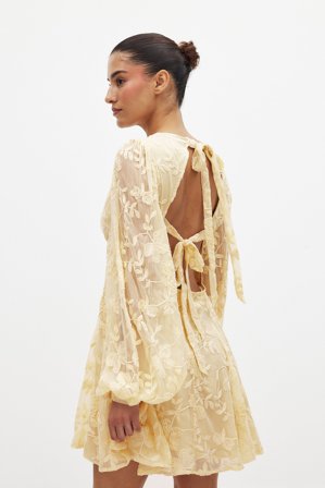 NA-KD - Minikjole i brodert chiffon med lange ermer - Blomstrete kjole - Gull - EU 44