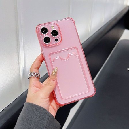 Deksel til iPhone16Promax, transparent kortholder, rosa, sett inn bilder og fallsikkert