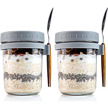 2 glas overnight oats-krukker med låg og skeer til mælk, korn, frugt opbevaring Mason overnight oats-krukker (350ml)