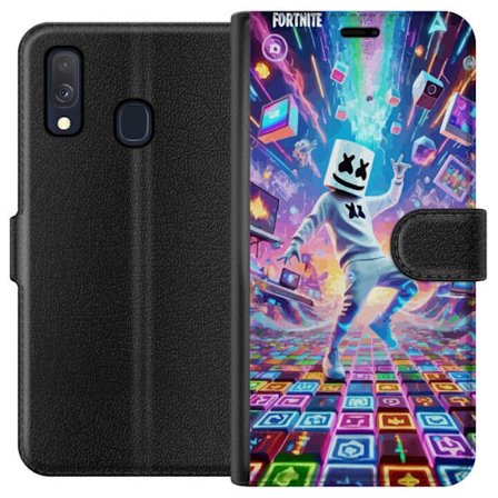Kompatibelt Plånboksfodral till Samsung Samsung Galaxy A40 Marshmello dansar i ett neonfyllt digitalt landskap där färger, symboler och teknik flyg