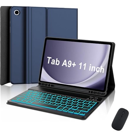 Fodral för Samsung Tab A9 Plus 11 tum Färgglatt Bakgrundsbelyst Bluetooth Tangentbord Pennhållare Läderfodral + Mus