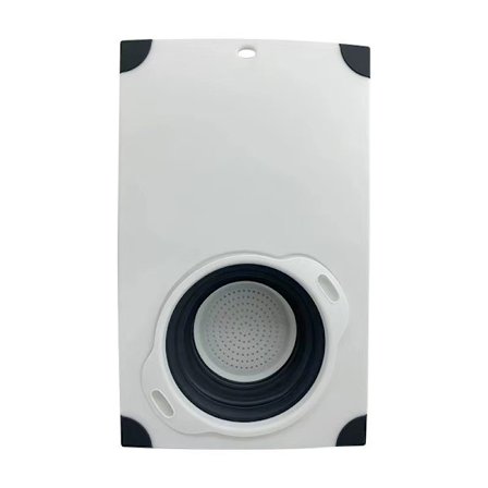 Skærebræt med sammenklappelig si over vasken, 2-i-1 vaskebakke afløbsskærebræt og aftagelig afløbskurv med ergonomisk håndtag TPR gummi