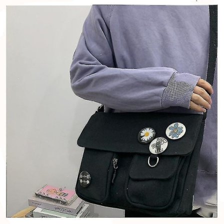 Student skolesekk Crossbody Vesker Vintage Canvas Messenger Bag for tenåringsjenter Svart 4 Merker
