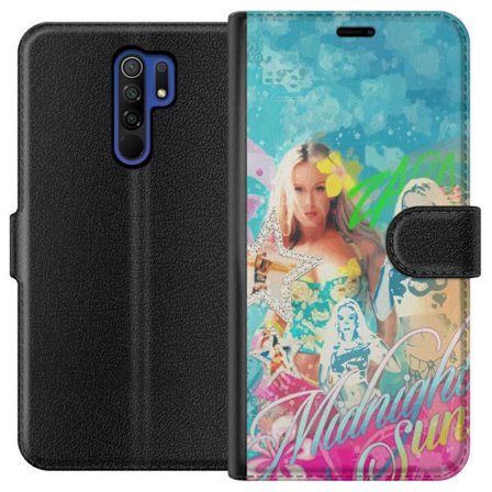 Yhteensopiva Lompakkokotelo Xiaomi Redmi 9 Seikkailumaailma Steve, Creeper ja eläimillä värikkäässä palikkagrafiikassa