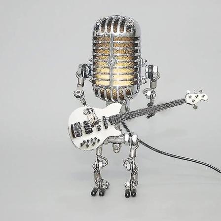Robotbordlampe med gitar med LED, retro stil mikrofon robotlampe som holder gitar vintage, for soverom, bar, restaurant Yellow