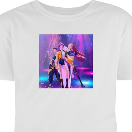 T-Shirt Farverig K-pop-inspireret pigegruppe på scenen med neonlys, discoæstetik, stærke farver og futuristisk popkultur følelse.