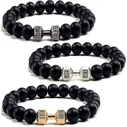 Högkvalitativt armband med pärlor för män, vulkanisk lavasten, hantel, presenter till män, 3 st Traintough hantel armband svart
