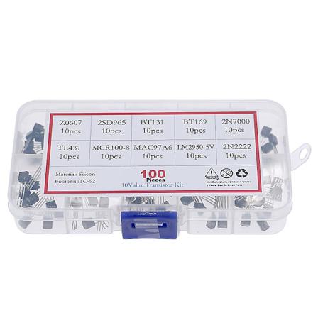 100 stk/eske 10 sorters Triode Thyristor Kit Z0607 2sd965 Bt131 Bt169 2n7000 Tl431 Mcr100-8 Mac97a6 Lm2950-5v 2n2222