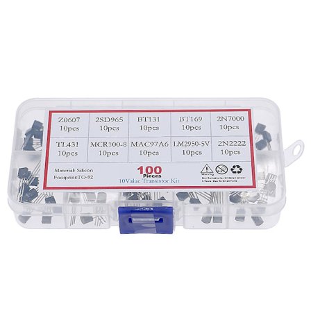 100 stk./karton 10 slags Triode Thyristor Kit Z0607 2sd965 Bt131 Bt169 2n7000 Tl431 Mcr100-8 Mac97a6 Lm2950-5v 2n2222