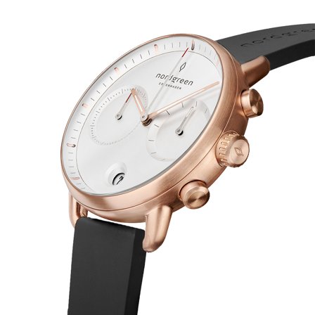 Nordgreen Men's Minimalistist Large Wrist Watch Watch - Rose Gold Case - White Dial - Black Rubber Nurses Watch Strap Pioneer White Dial Chronograph