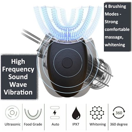 U-formet elektrisk tandbørste med ultralyd til voksne, 360° automatisk tandbørste