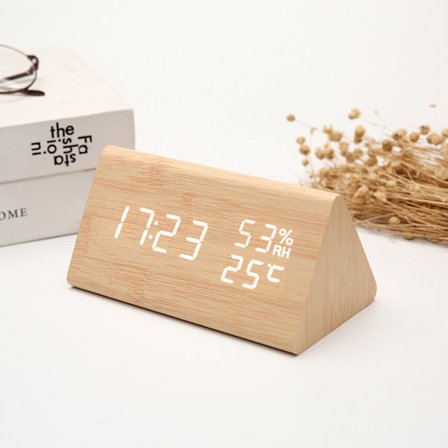 Triangulär väckarklocka i trä, kreativ ljudkontroll, LED-temperatur och luftfuktighet, digital elektronisk klocka i trä, vit, vitt ljus (Trä br