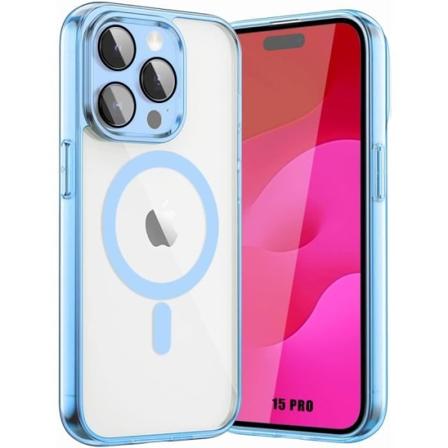 Cover til iPhone 15 Pro - Gennemsigtig hård beskyttelse Blå kontur med magnetisk cirkel og baglinsebeskyttelse