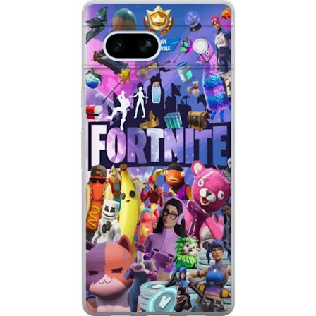 Google Pixel 7a Gennemsigtig cover Fortnite kollage med ikoniske figurer, skins, Victory Royale og stærke farver, der skaber en energisk og actionfyl