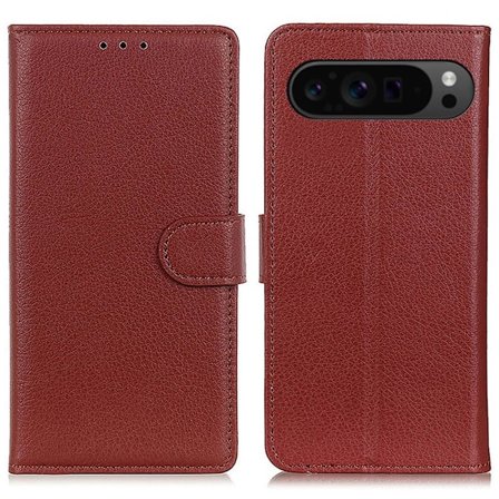 Google Pixel 10/10 Pro/9/9 Pro Fodral Litchi Läder Brun