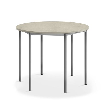 Desk SONITUS, round, Ø 1200x900 mm, light grey linoleum, alu grey