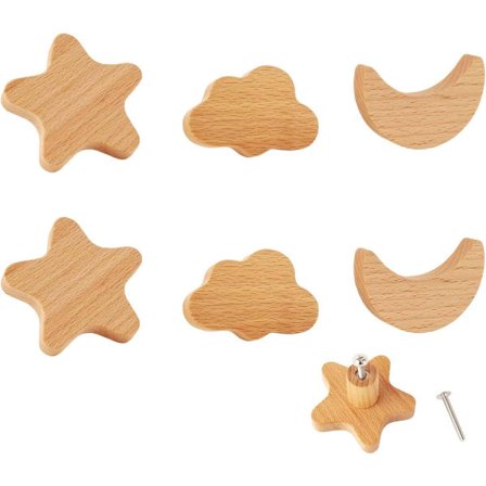 ING Skabsknopper, 6 stk. massive træskuffeknopper til børn, stjerner, måne, skyer knopper til skab, møbelknopper, børn, naturlig indretning
