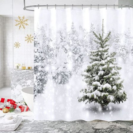 Jule Dusjforhengsett, Egnet for Vinter Skog Snø Moro Festival Baderomsdekorasjon, Juletre Naturlig Scene Hjemmeinnredning, 183x183 cm