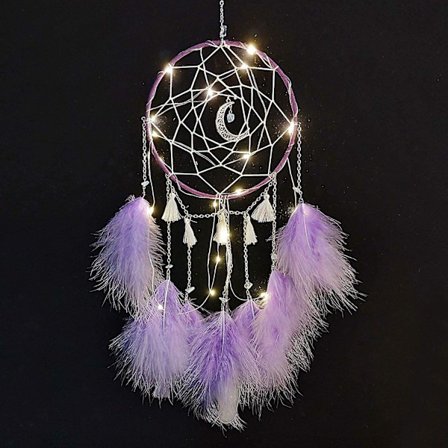 Drømmefanger med LED-lys, håndlavet drømmefanger med fjer, pigeværelse, soveværelse, romantisk