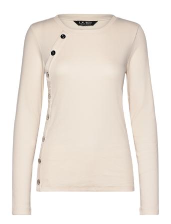 Lauren Ralph Lauren Button-Trim Rib-Knit Cotton-Blend Top Kräm