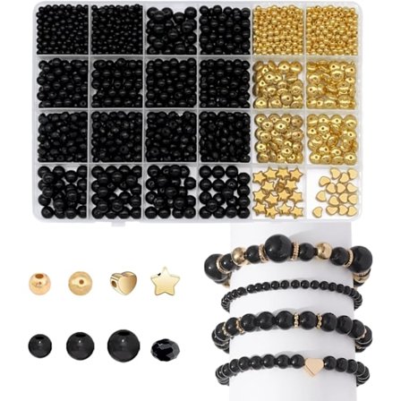 1500+ Sorte Perler til Smykkefremstillingssæt med Stjerne- og Hjerteperler Glatte Sorte Runde/Polygonale Akrylperler til Armbåndsfremstillingssæt med