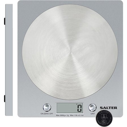 Elektronisk skivvåg - Digital vägning, Hem/köksmatlagning, Spun rostfritt stålplattform, Mäter vätskor/vätskor, 5 kg kapacitet, Silver