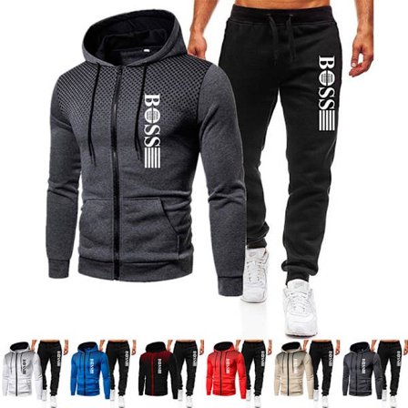 BOSS Herre Tracksuit 2-delt Hettegenser Langermet Jakke med Glidelås og Casual Joggebukser Treningssett Svart-Svart Svart-Svart-FX- Black-Black