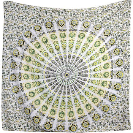 Wekity hippie Bohemian Psychedelic Golden Blue Peacock Mandala veggteppe sengetøy teppe (gul grønn, størrelse: 59,1" x 78,7")