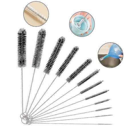 Flaskebørste, 12 stk lange flaskerengjøringsbørster, rørbørste, tekjeleutløpsbørste, sugerørsbørste, nylonflaskerørrenser